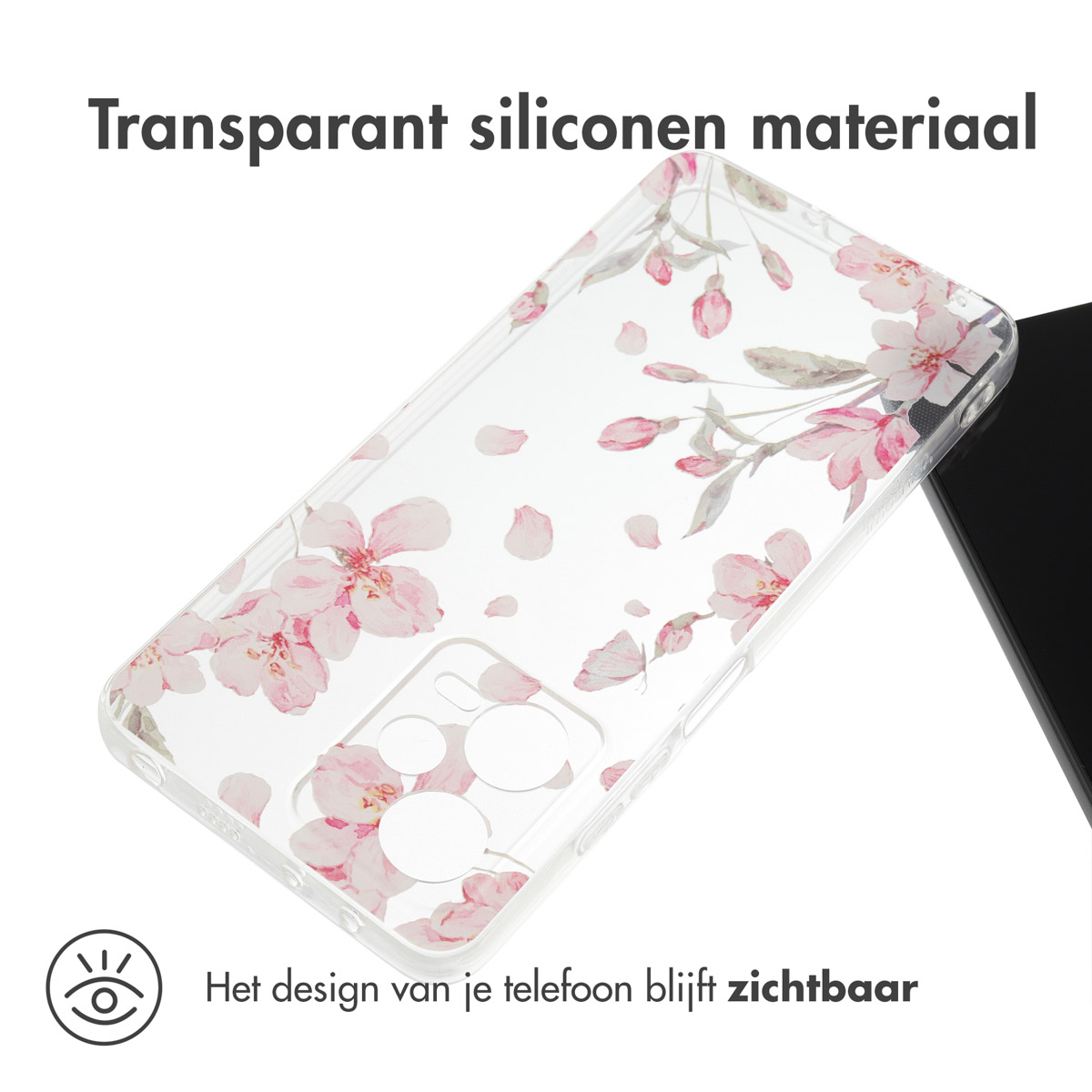 Transparante telefoonhoes met roze bloemenpatroon op een witte achtergrond.