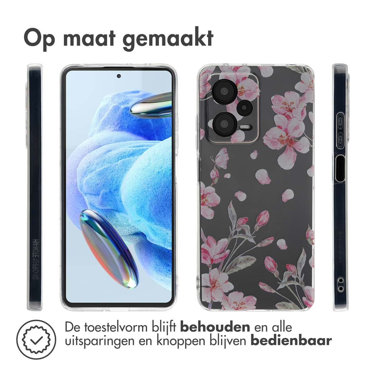 Telefoonhoesje met roze bloemen. De hoes heeft een bloemenpatroon. De telefoon heeft een camera.
