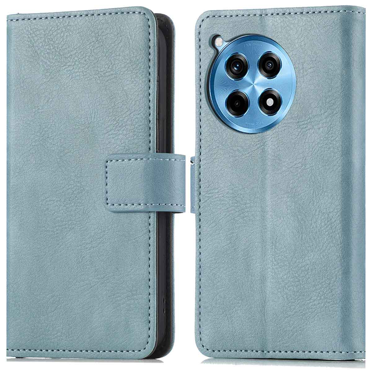 Een blauwe telefoonhoes met een telefoon erin. De hoes is open en heeft een magnetische sluiting.