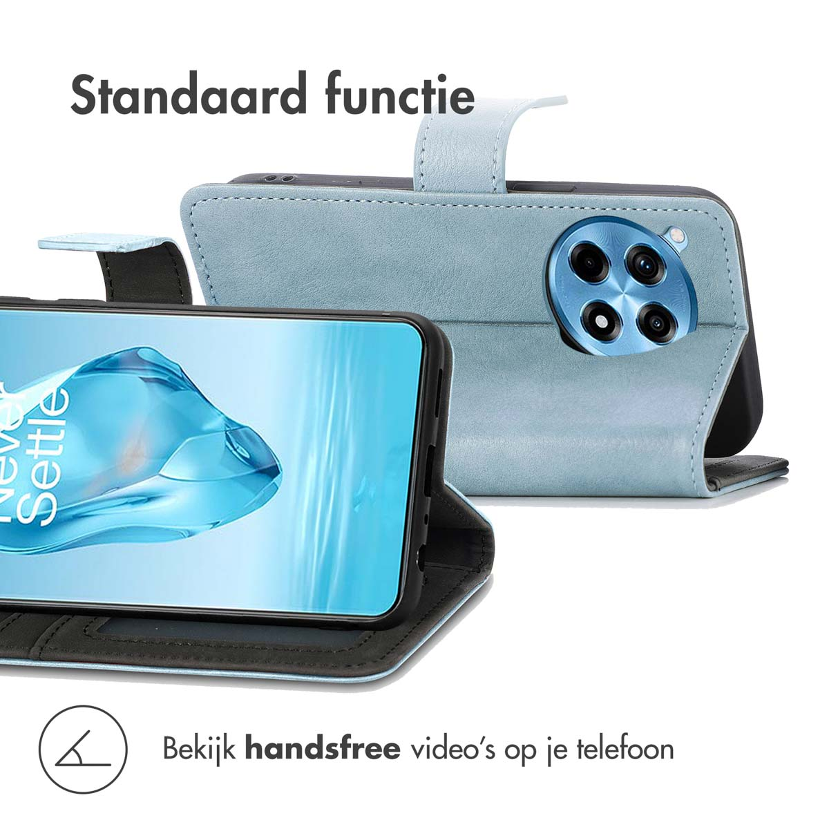 Blauw telefoonhoesje met zichtbaar scherm. Hoesje gesloten, met riempje. Tekst: 'Standaard functie'.