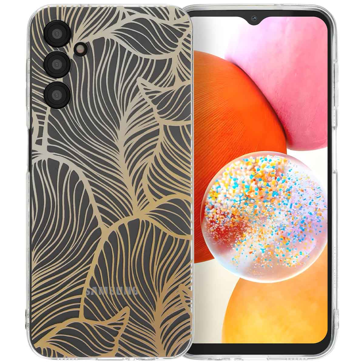 Een telefoon met een hoesje met een gouden bladontwerp op een donkere achtergrond. Het telefoonscherm is zichtbaar.