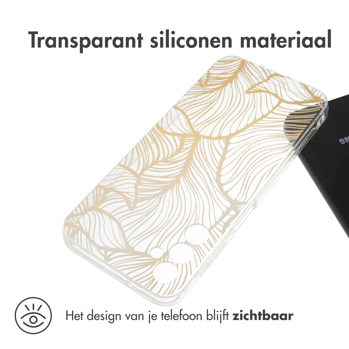 Transparante telefoonhoes met bladgoud design. Gemaakt van transparante siliconen.