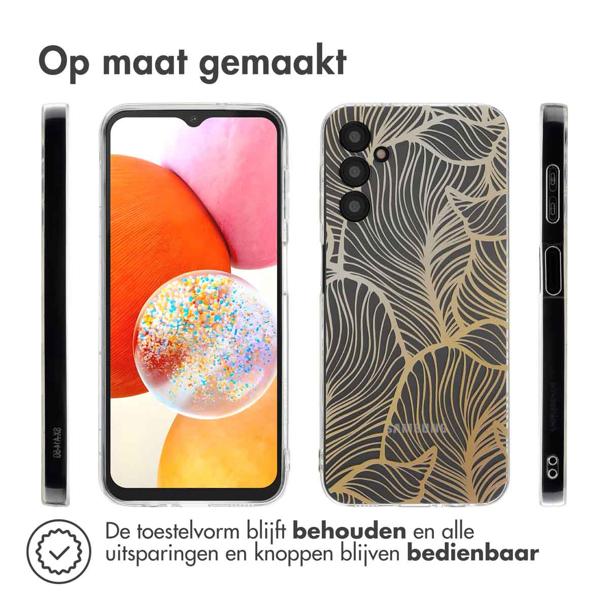 Gouden en donkere bladeren telefoonhoesje. Telefoon zit erin, hoes ernaast.