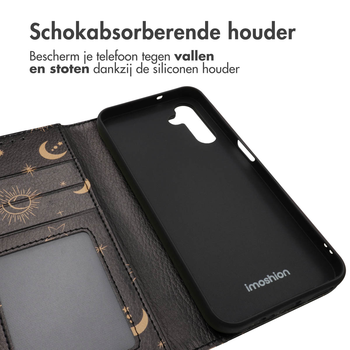 Zwart telefoonhoesje open. Binnenkant toont telefoon en binnenkant hoesje. Tekst: 'Schokabsorberende houder'.