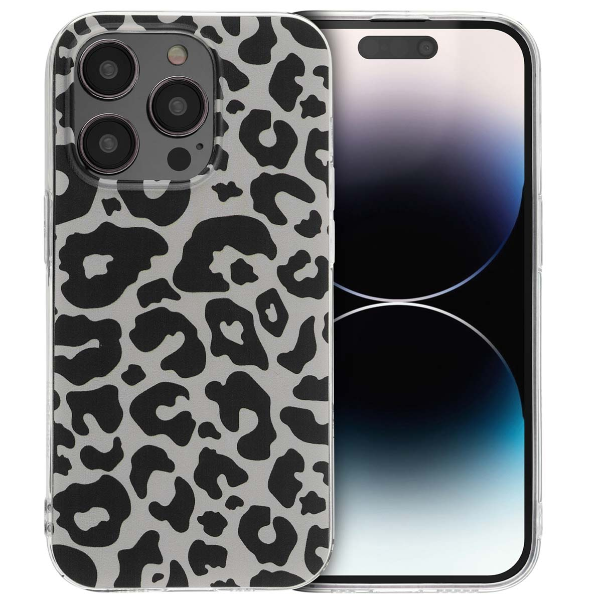 Telefono con custodia leopardata. La custodia copre il retro, lo schermo è visibile.