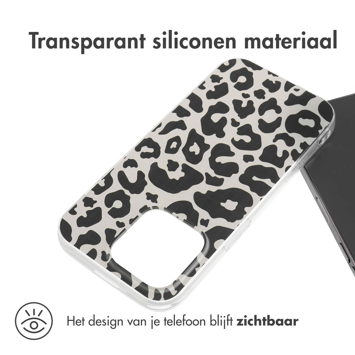 Custodia per telefono con stampa leopardata. Testo: Materiale in silicone trasparente.