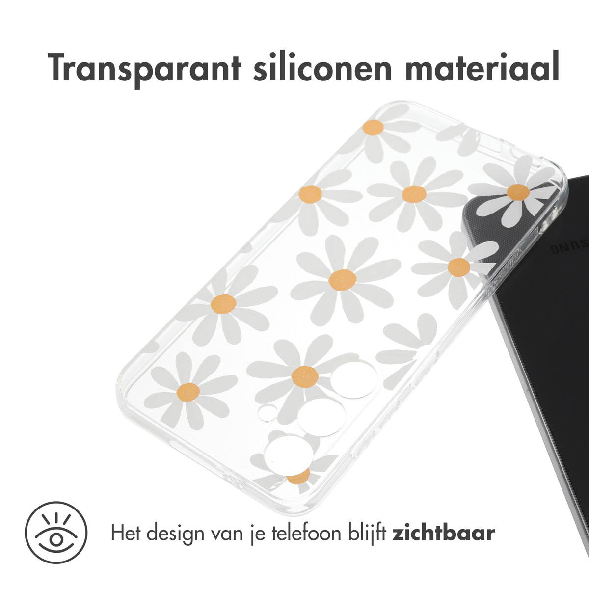 Transparant telefoonhoesje met madeliefjesontwerp. Tekst: Transparant siliconen materiaal. Het ontwerp van je telefoon blijft zichtbaar.