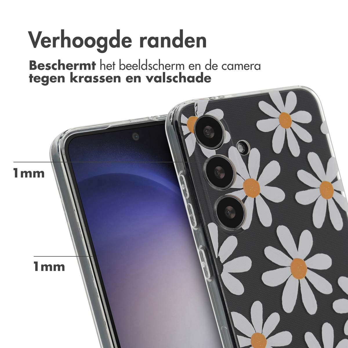 Telefoonhoesje met madeliefjes op zwarte achtergrond. De telefoon zit erin en toont het scherm.