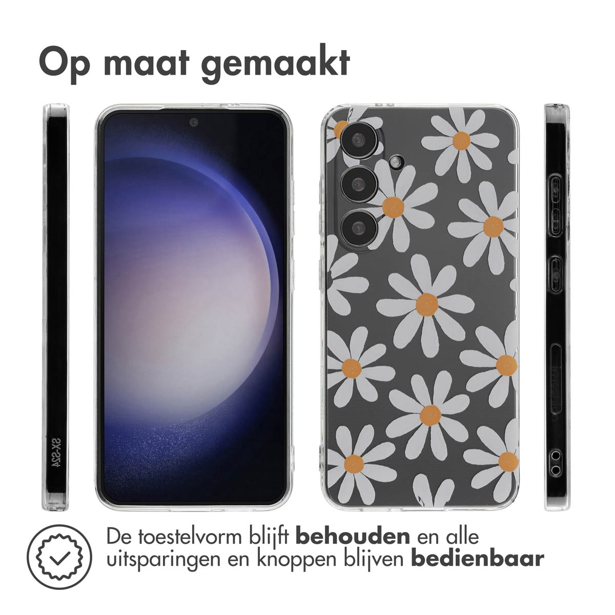 Telefoonhoesje met een madeliefjespatroon. Drie aanzichten van de telefoonhoes zijn zichtbaar. De hoes zit op een telefoon.