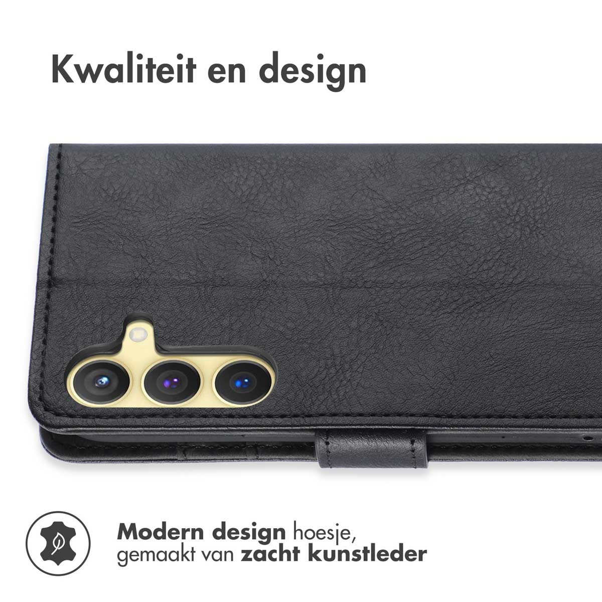 Close-up van een zwarte telefoonhoes met een telefoon erin, die de kenmerken toont.