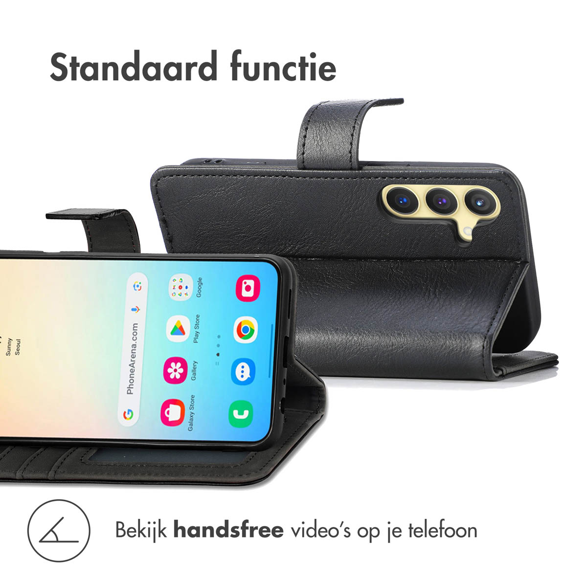 Telefoon in een leren hoesje. Telefoonscherm toont een app. Hoesje kan worden uitgeklapt voor video.