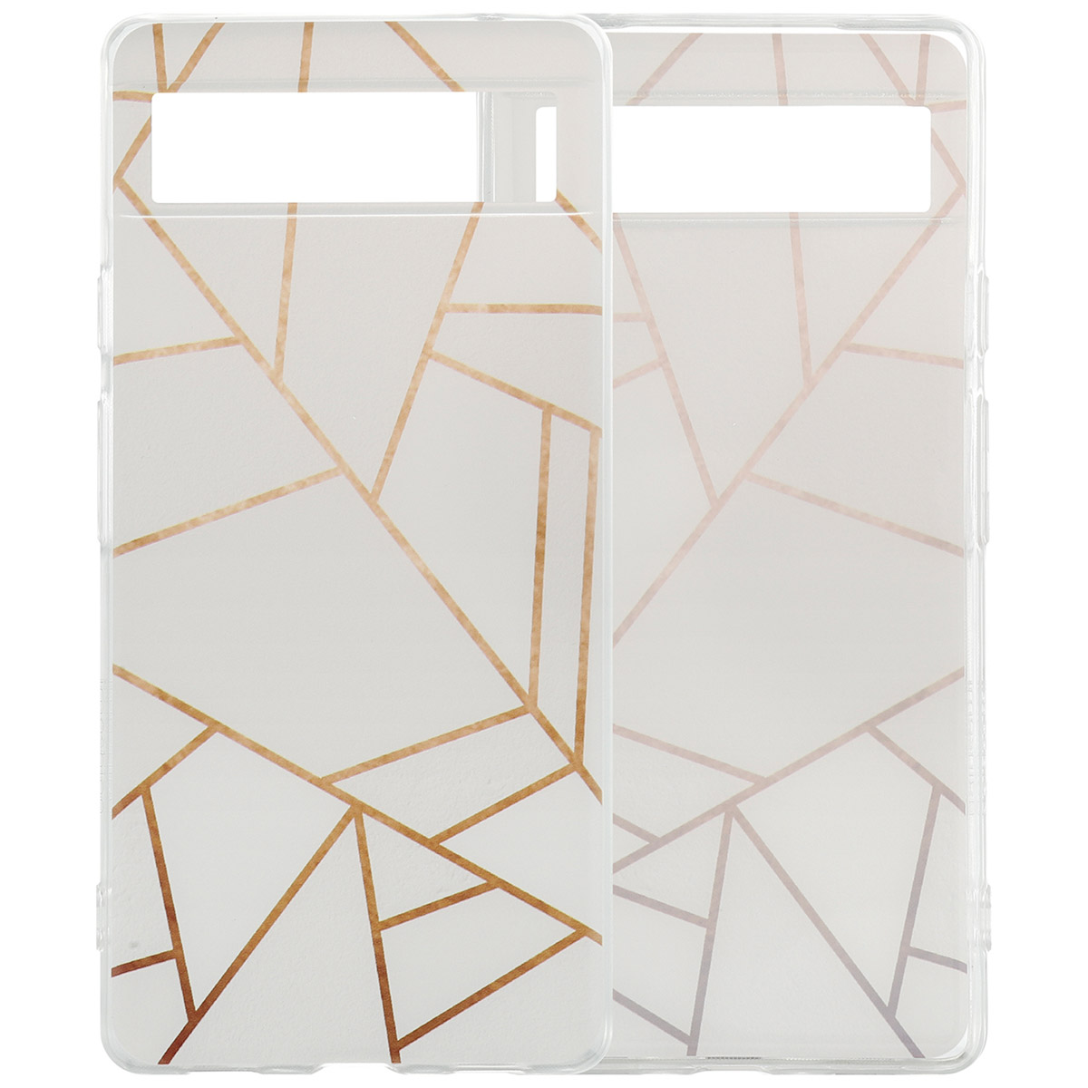 Twee doorzichtige telefoonhoesjes met gouden geometrische patronen, op een witte achtergrond.