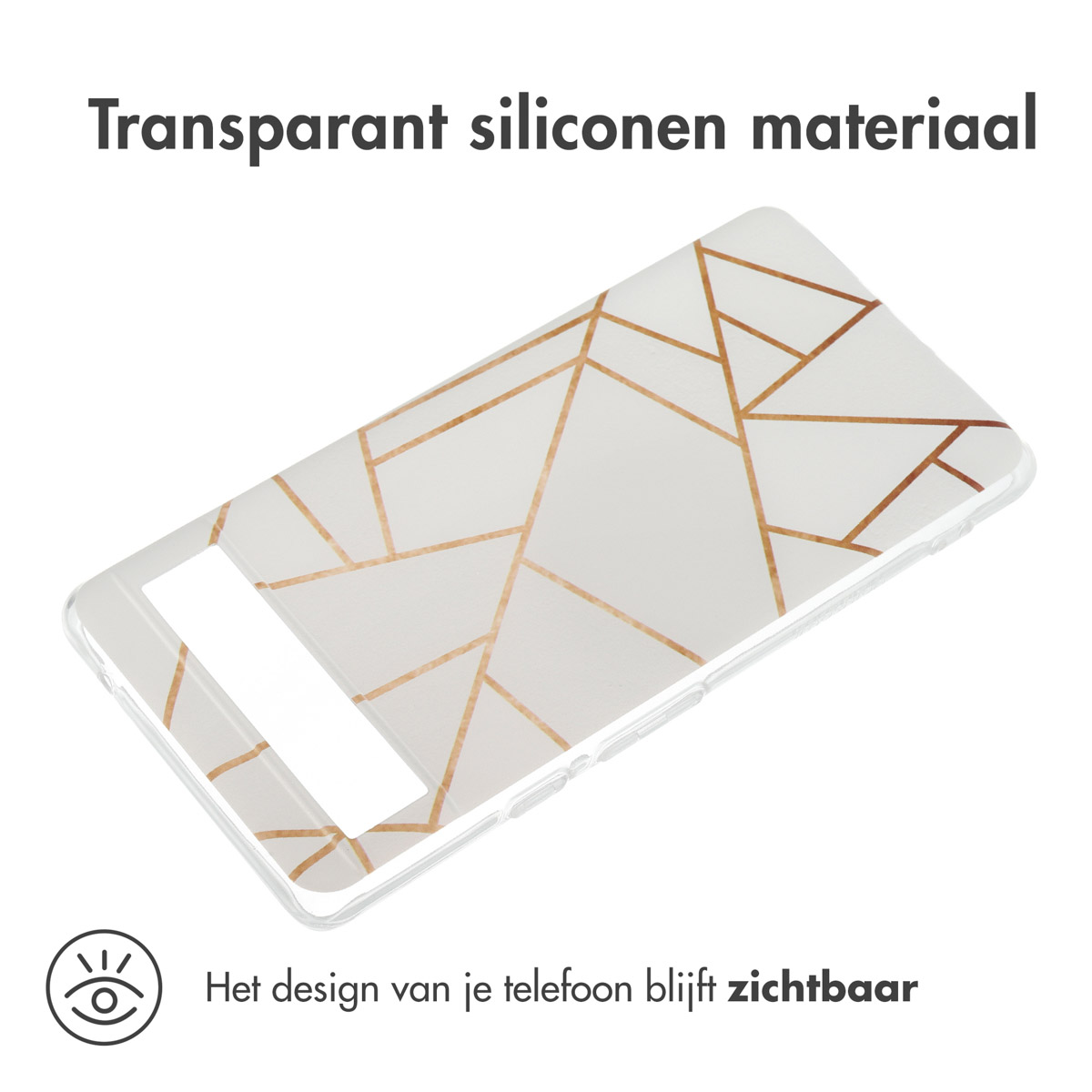 Een telefoonhoesje met een geometrisch ontwerp op een witte achtergrond met gouden lijnen. Tekst: Transparant siliconen materiaal.