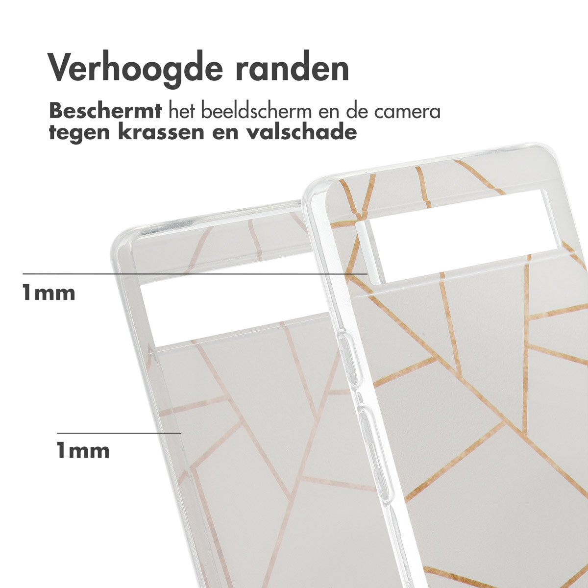 Twee doorzichtige telefoonhoesjes met geometrisch ontwerp. Tekst: Verhoogde randen.