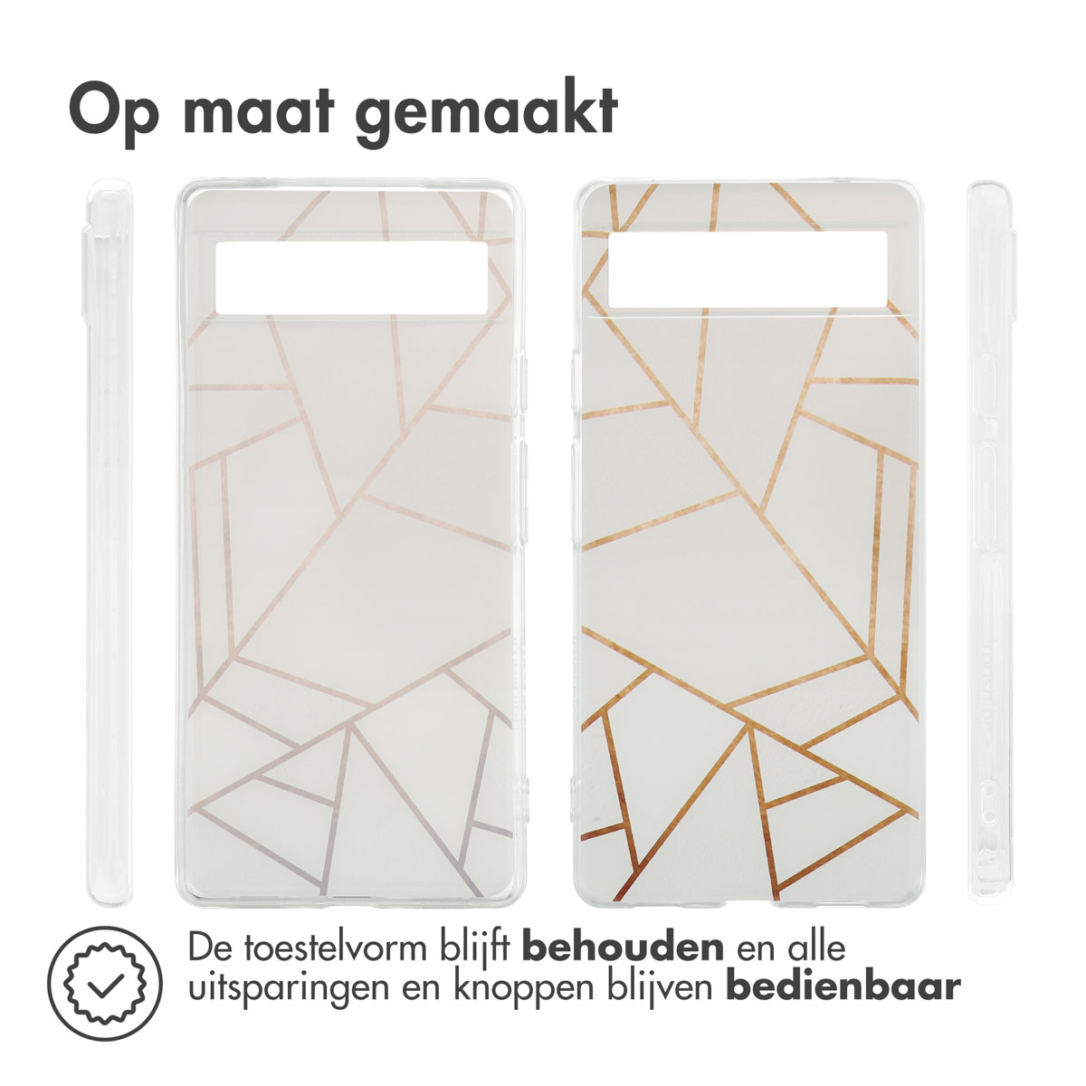 Transparante telefoonhoes met geometrische gouden lijnen. Behoudt vorm en knoppen.