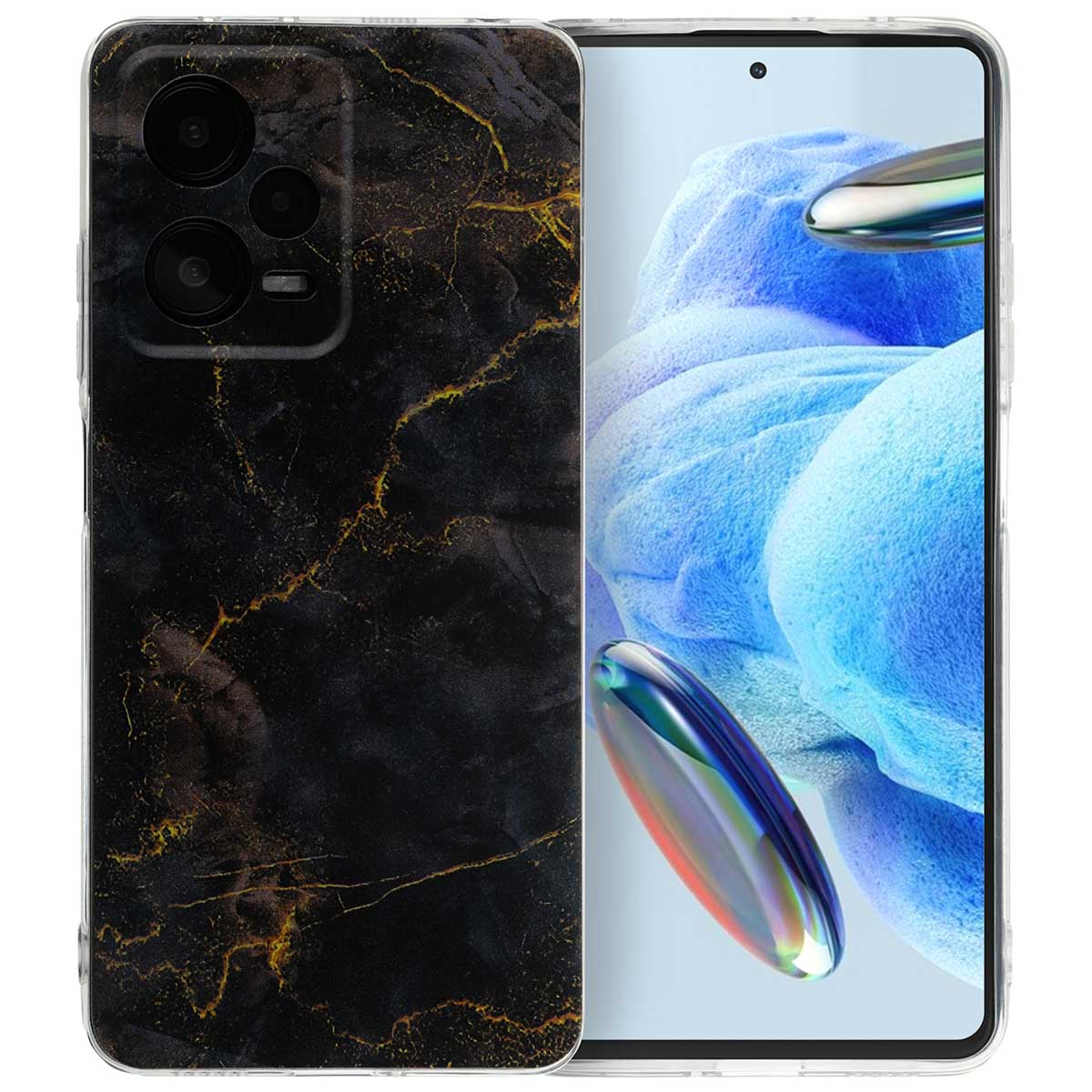 Zwarte telefoonhoes met een marmerpatroon. De telefoon zit in de hoes.