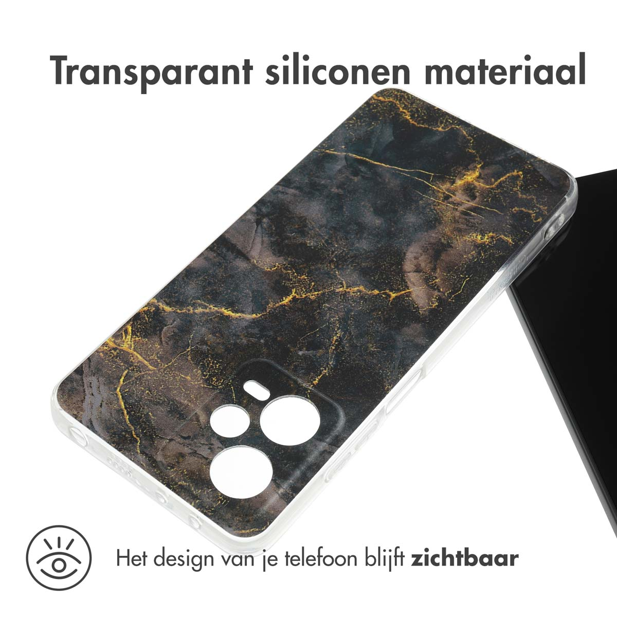 Transparante telefoonhoes met een zwart en goud marmer ontwerp; het telefoonontwerp blijft zichtbaar.
