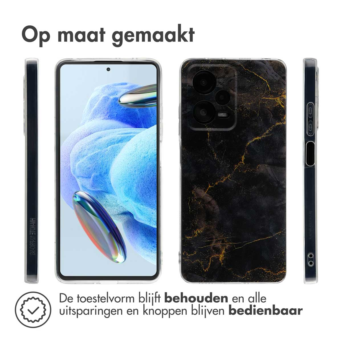 Telefoonhoesje met een zwart en goud marmerdesign. Drie aanzichten van de telefoonhoes zijn zichtbaar. Op een telefoon.
