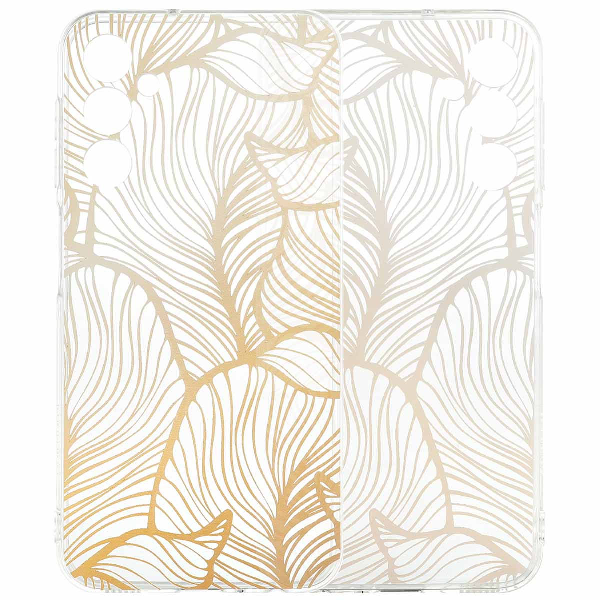 Deux coques transparentes avec motif de feuilles dorées, sur fond blanc.