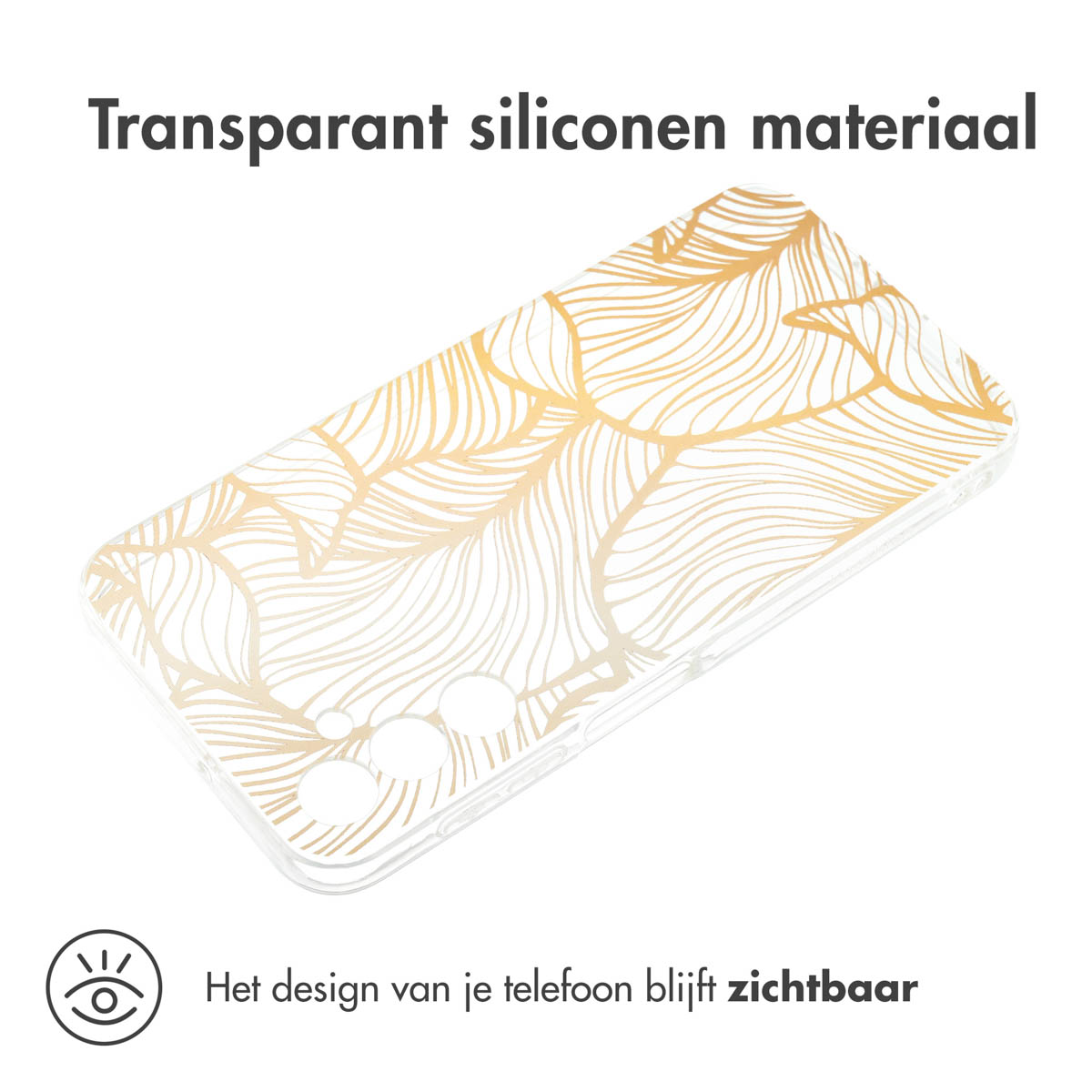 Coque transparente avec un motif de feuilles dorées. Le design reste visible.