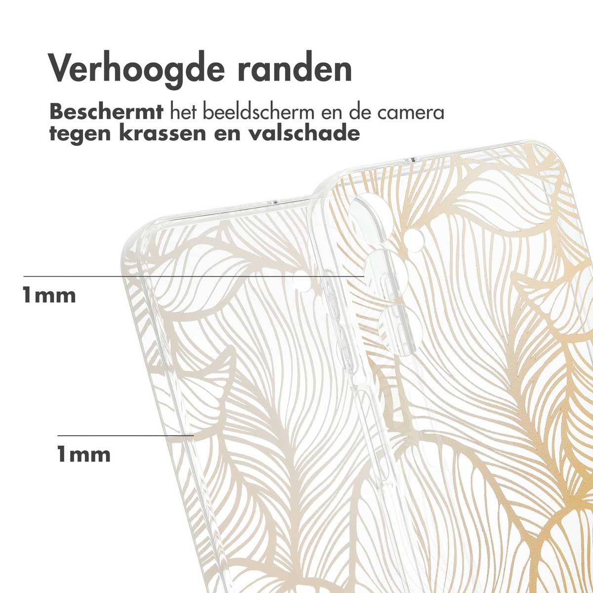 Coque de téléphone avec motif de feuilles d'or. Texte : Bords surélevés. Protège l'écran et la caméra.