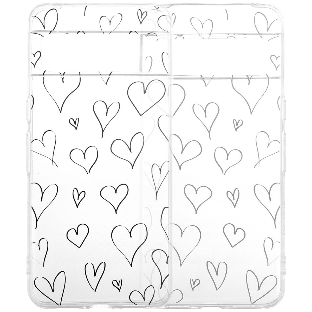 Telefoonhoesje met hartjespatroon. Transparante hoes met zwarte getekende harten. Er worden twee hoesjes getoond.