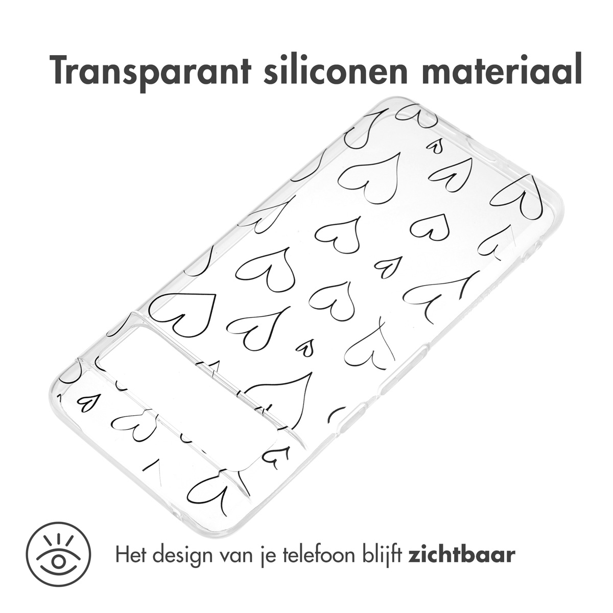 Transparante telefoonhoes met hartvormen op een witte achtergrond.
