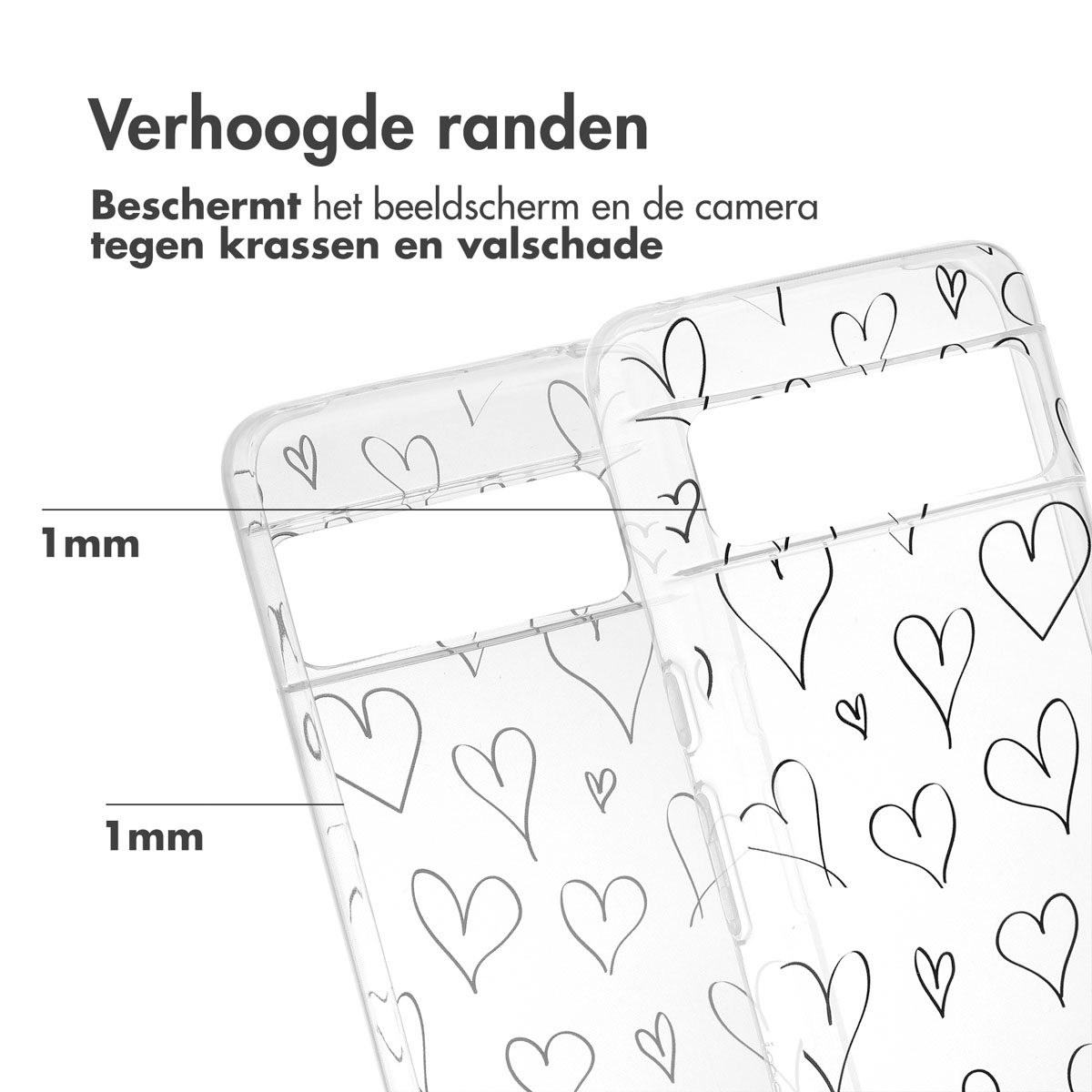 Transparante telefoonhoesjes met hartjespatroon, met 1 mm verhoogde randen voor schermbescherming.