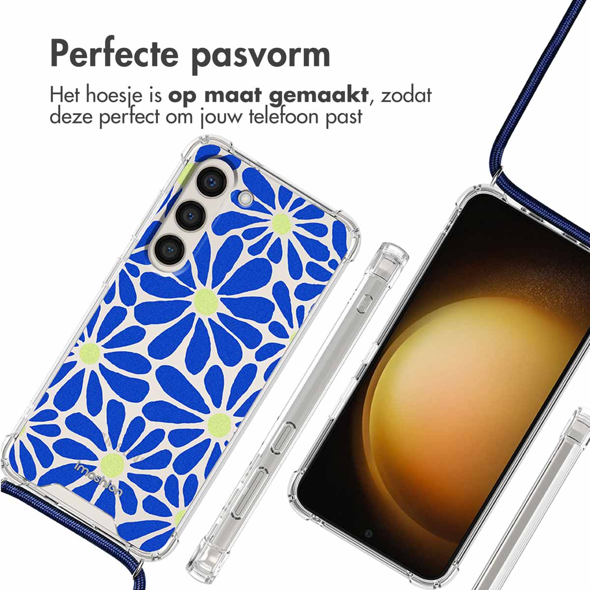 Een telefoonhoesje met een blauw bloemendesign. Telefoon zit in de hoes, en een andere telefoon ernaast.