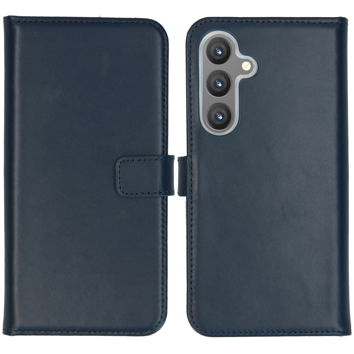 Coque de téléphone bleu foncé avec rabat. Fermeture magnétique.