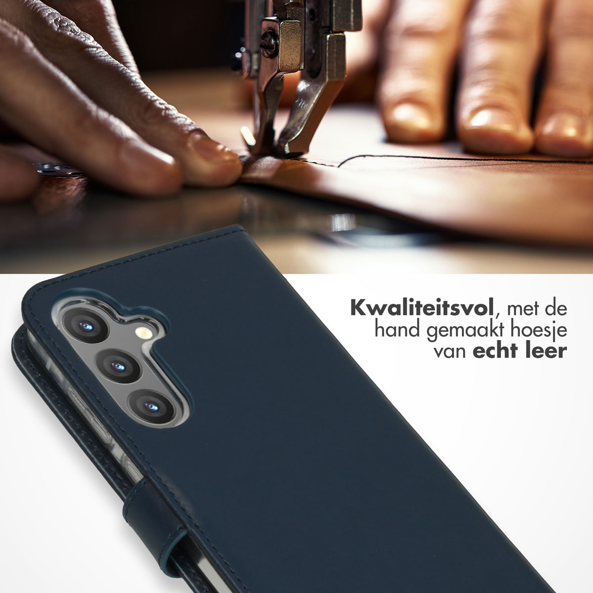 Main cousant un étui de téléphone en cuir bleu, vue rapprochée.