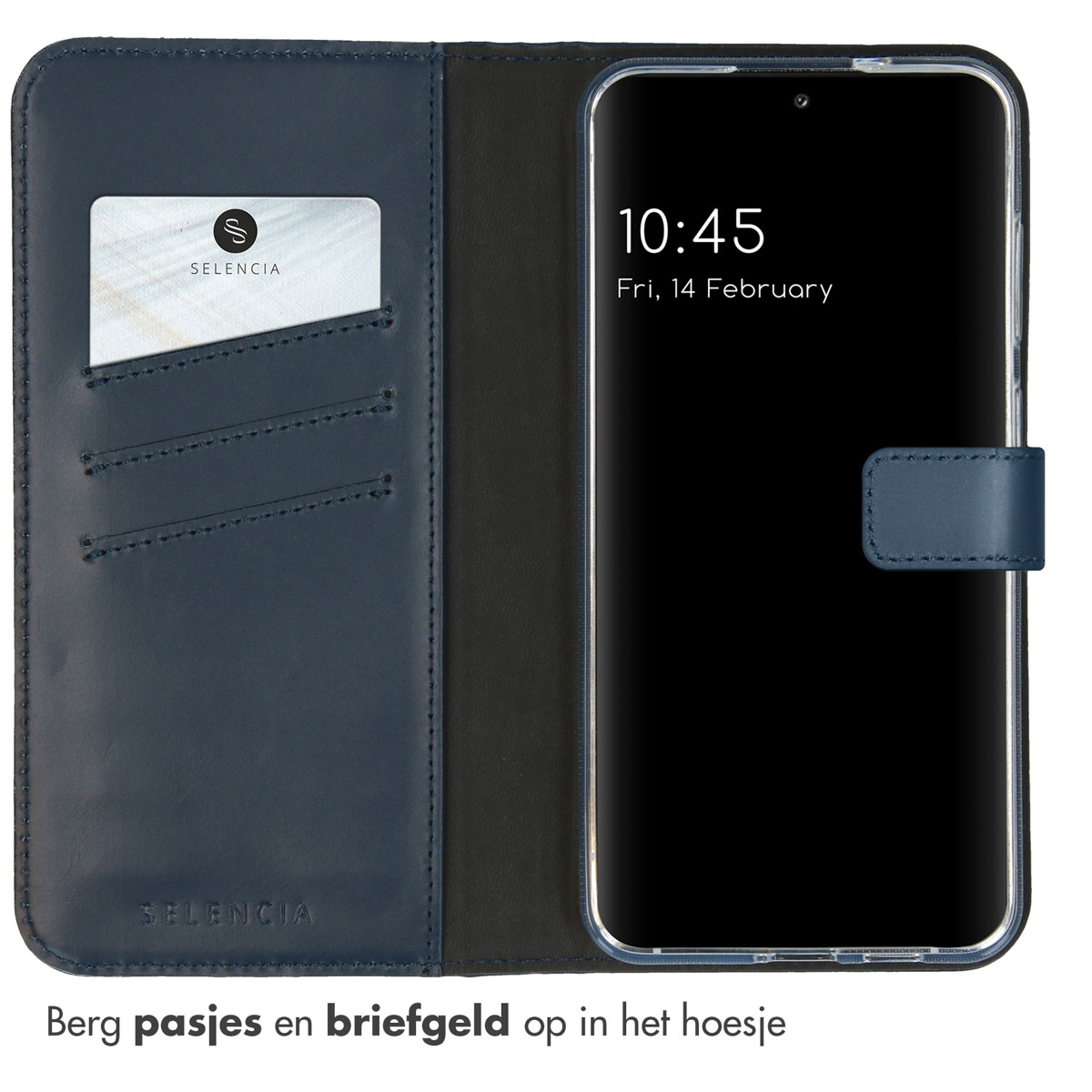 Coque de téléphone bleue avec cartes et argent. Texte : Rangez les cartes et l'argent liquide dans l'étui.