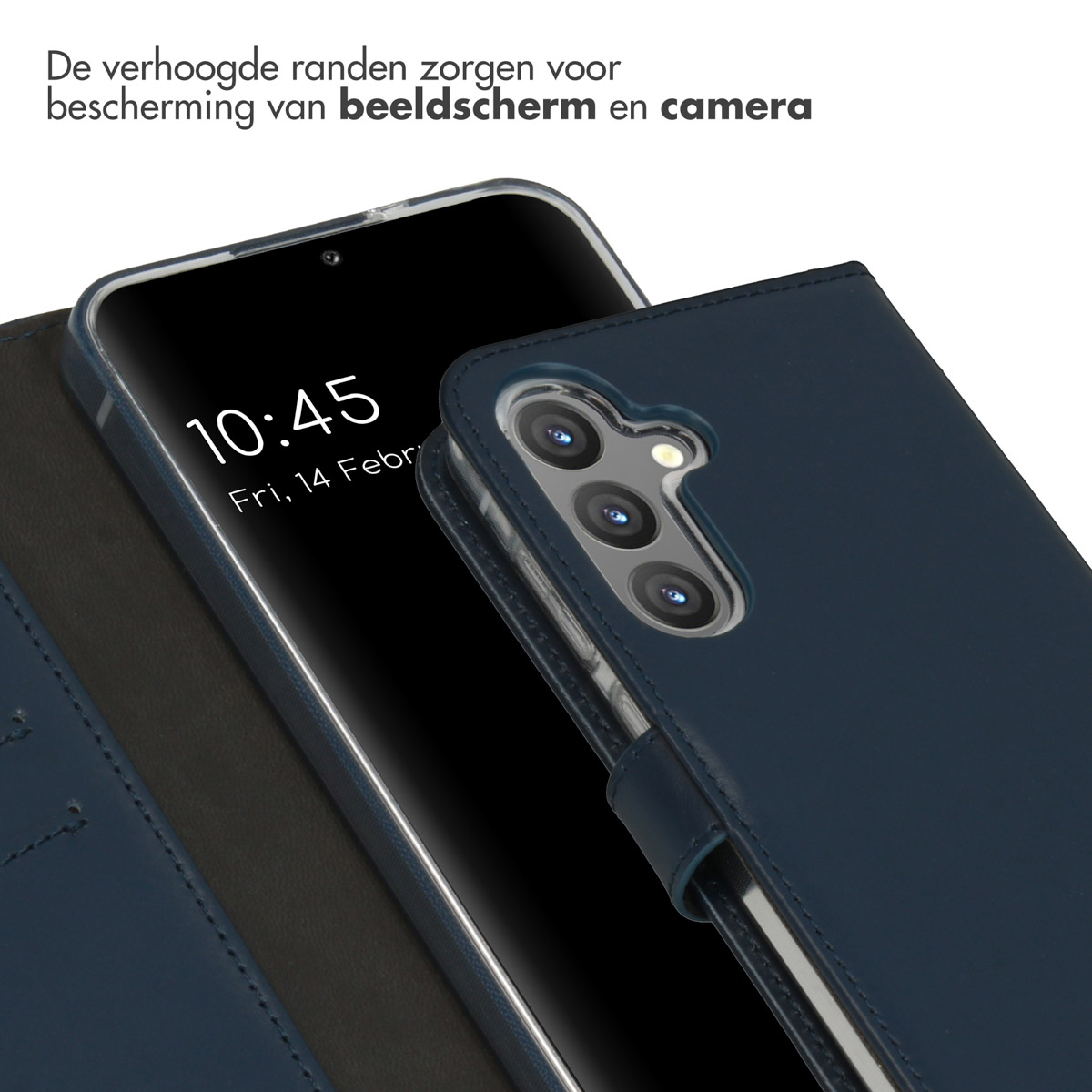 Coque de téléphone bleu foncé avec un téléphone. Texte : Bords surélevés. Protège écran et caméra.