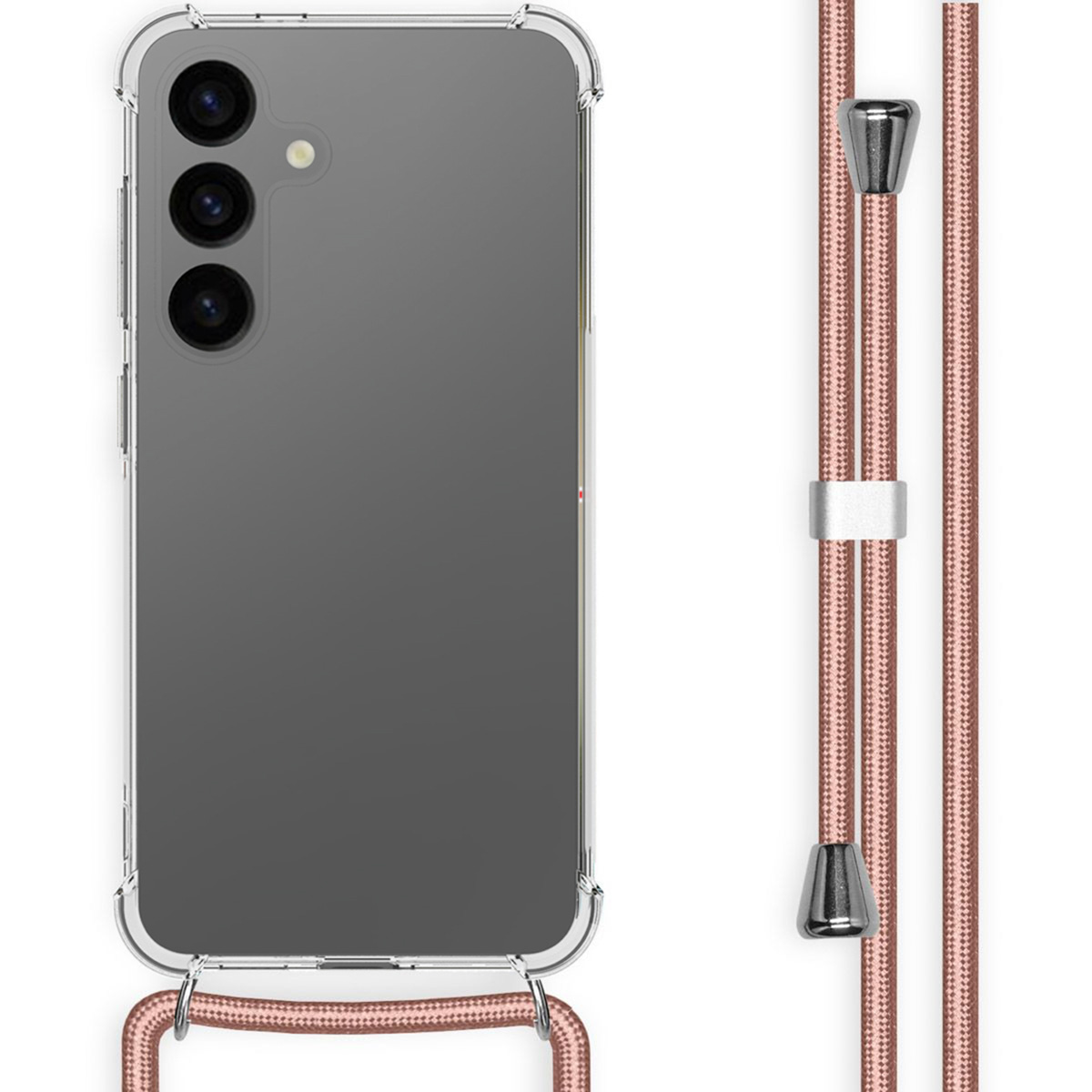 Transparante telefoonhoes, met roségouden lanyard. Telefoon heeft cameralenzen zichtbaar.
