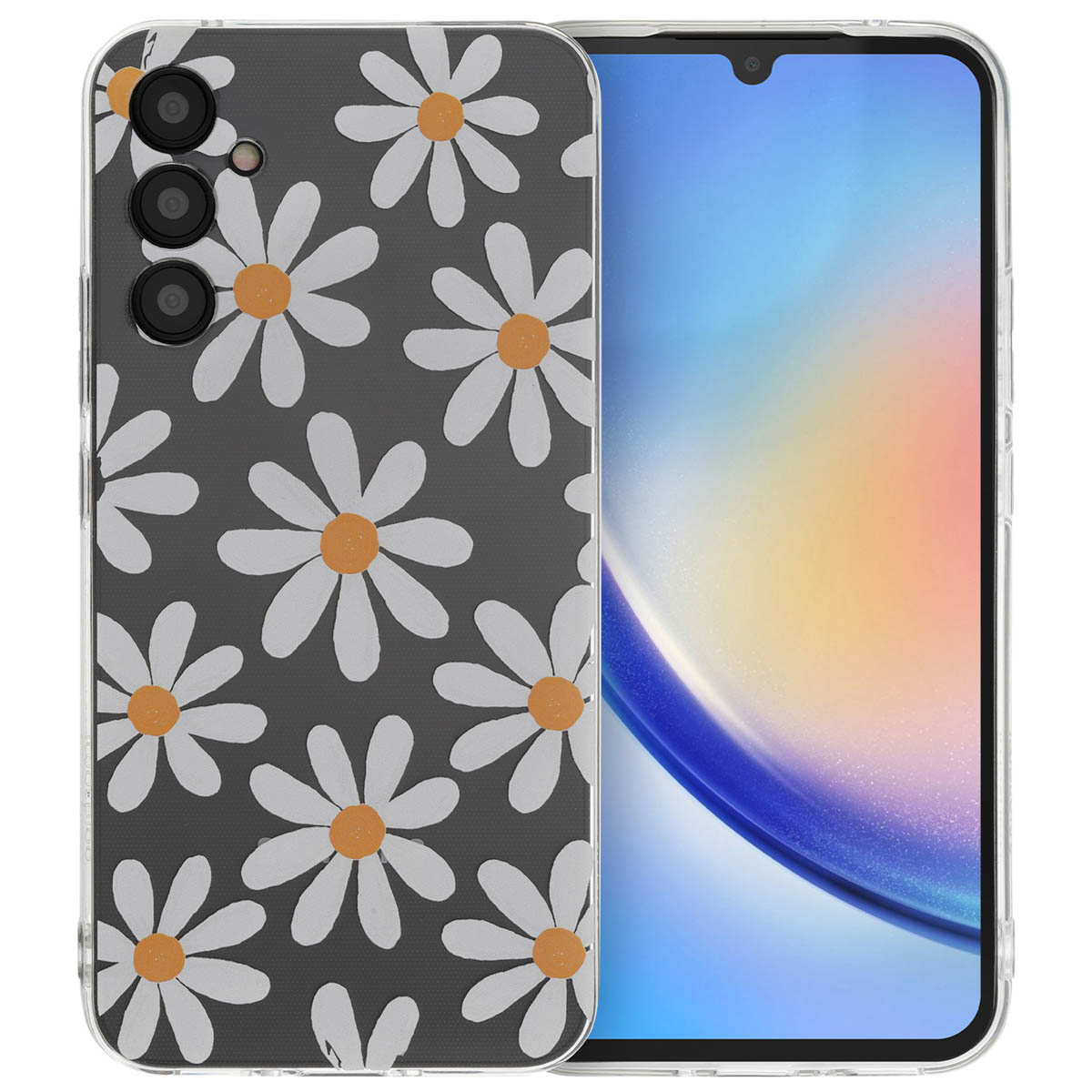 Coque de téléphone avec motif de marguerites. Téléphone visible.
