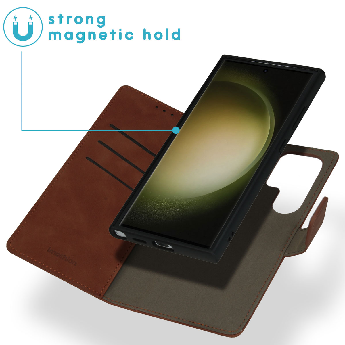 Bruine telefoonhoes met telefoon. Tekst: Sterke magnetische grip.