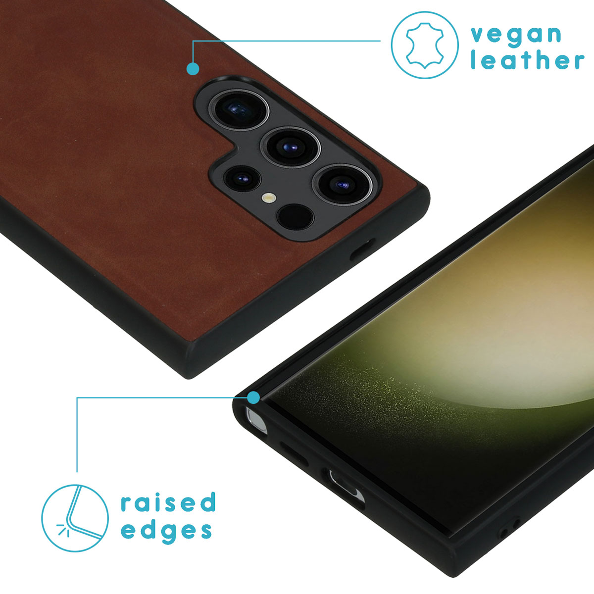 Telefoon en een bruin leren hoesje. Het hoesje heeft een opstaande rand en een diagram.