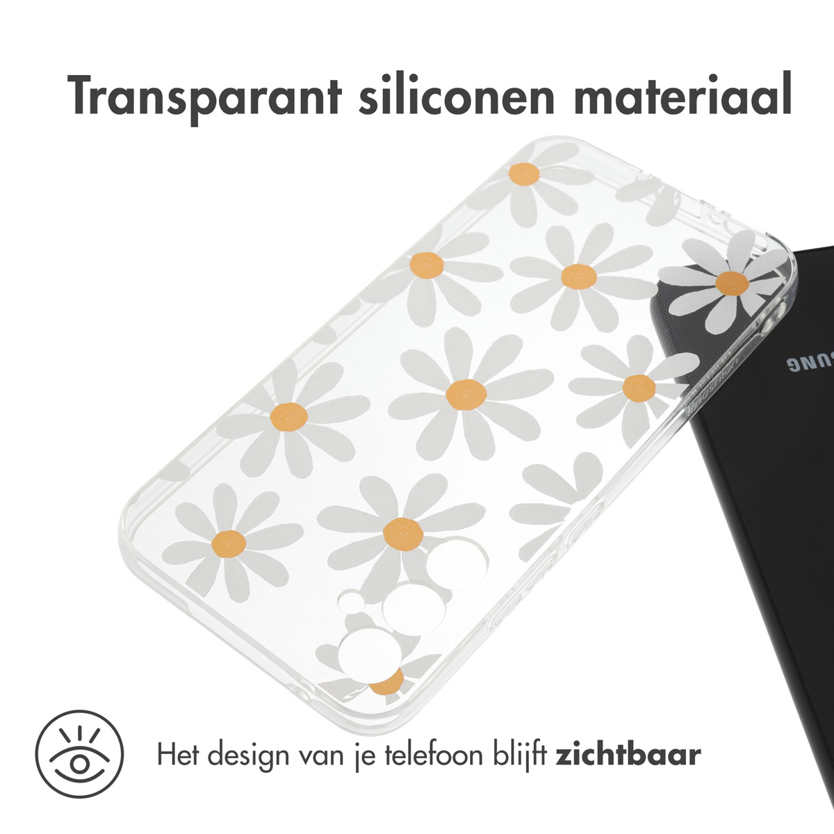 Coque transparente avec un motif de marguerites blanches. Le téléphone est à l'intérieur de la coque.