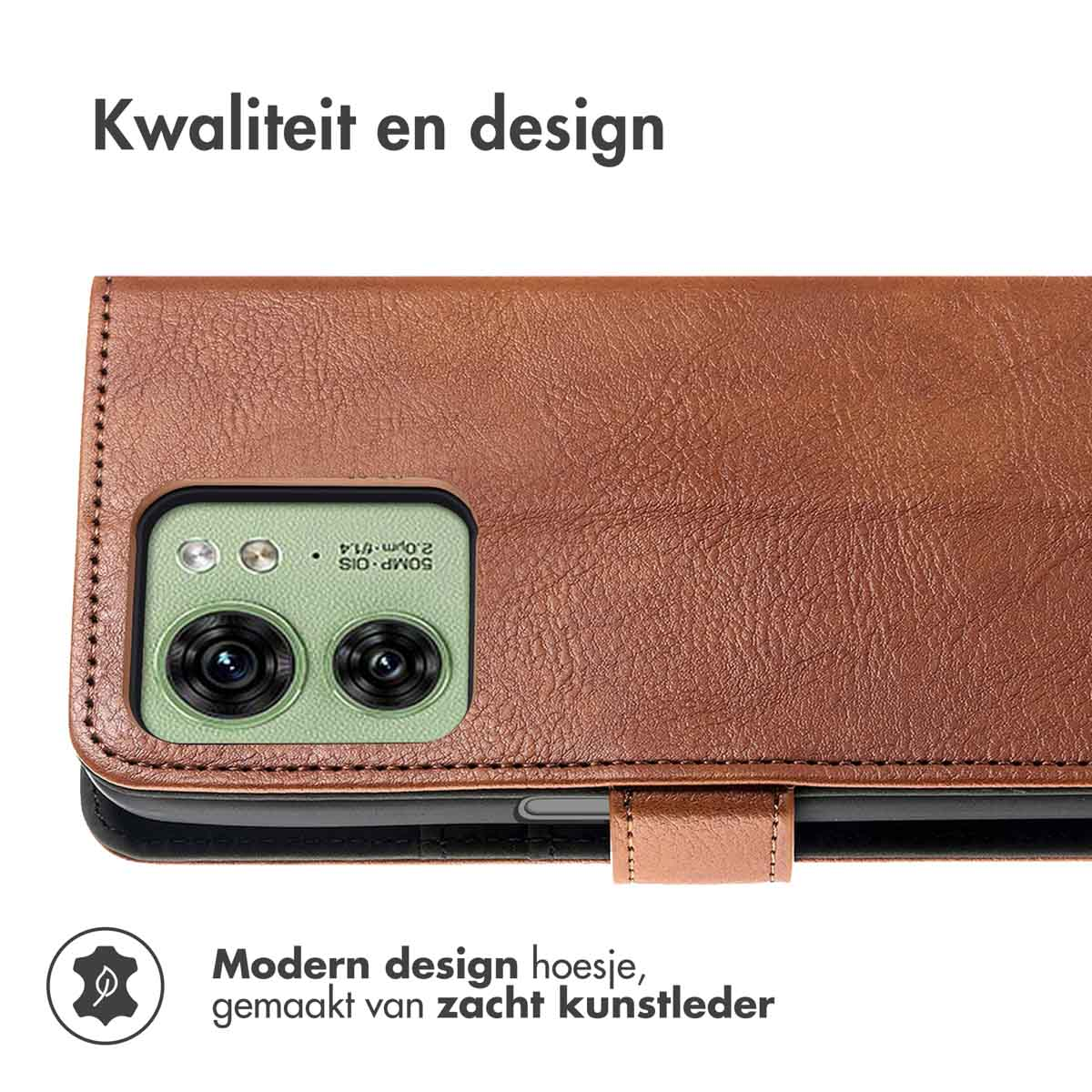 Coque de téléphone en cuir marron avec la caméra visible. Le texte 'Modern design hoesje' est visible.