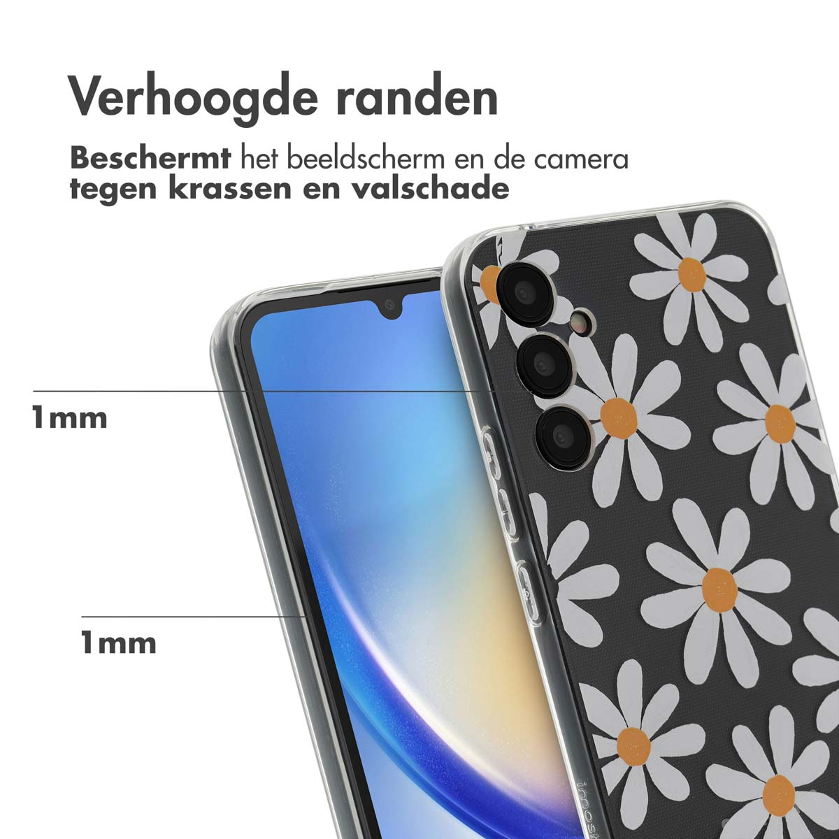 Coque de téléphone avec des marguerites. Fond noir avec des marguerites blanches. Téléphone à gauche.
