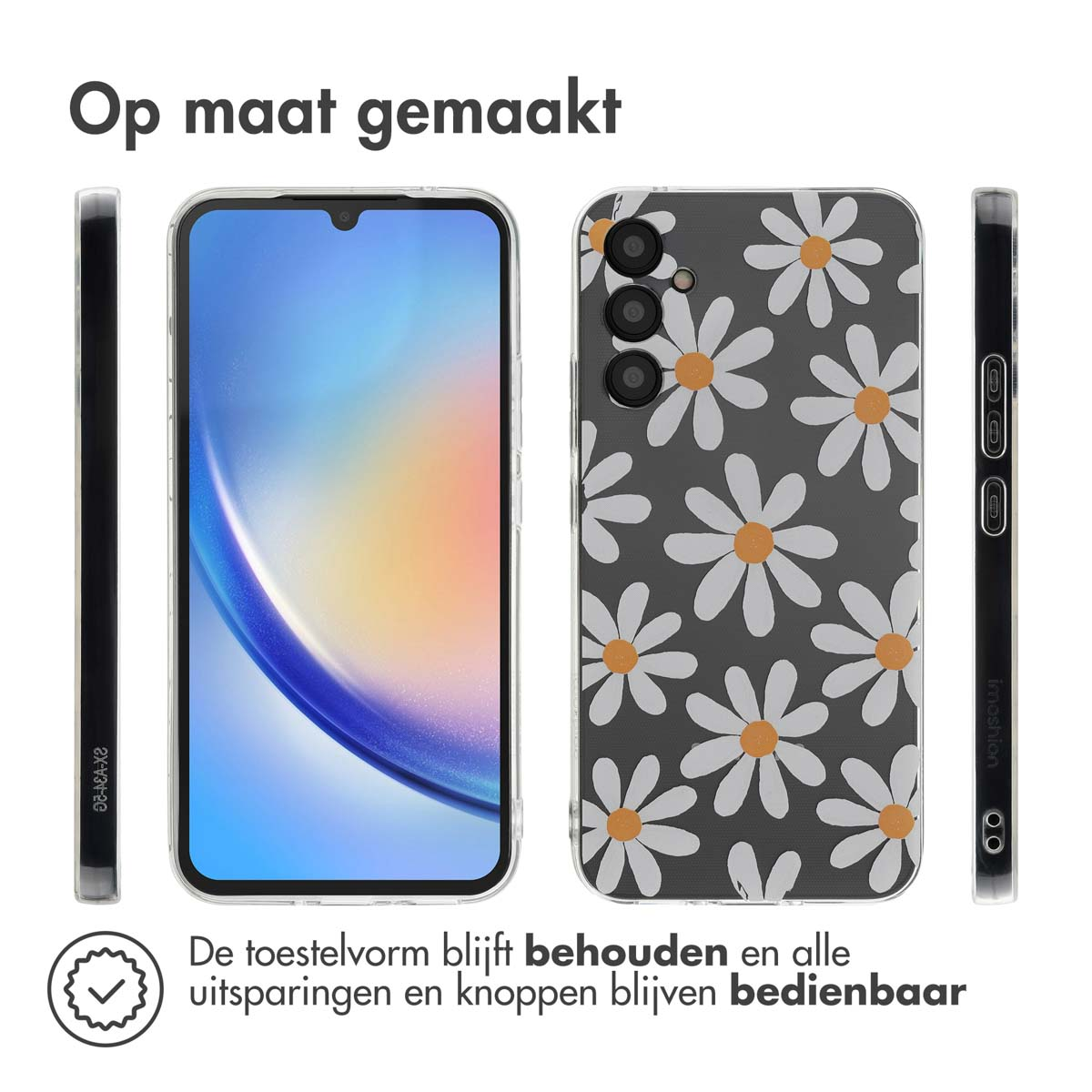 Coque de téléphone avec des marguerites sur fond noir. Le téléphone est à l'intérieur.
