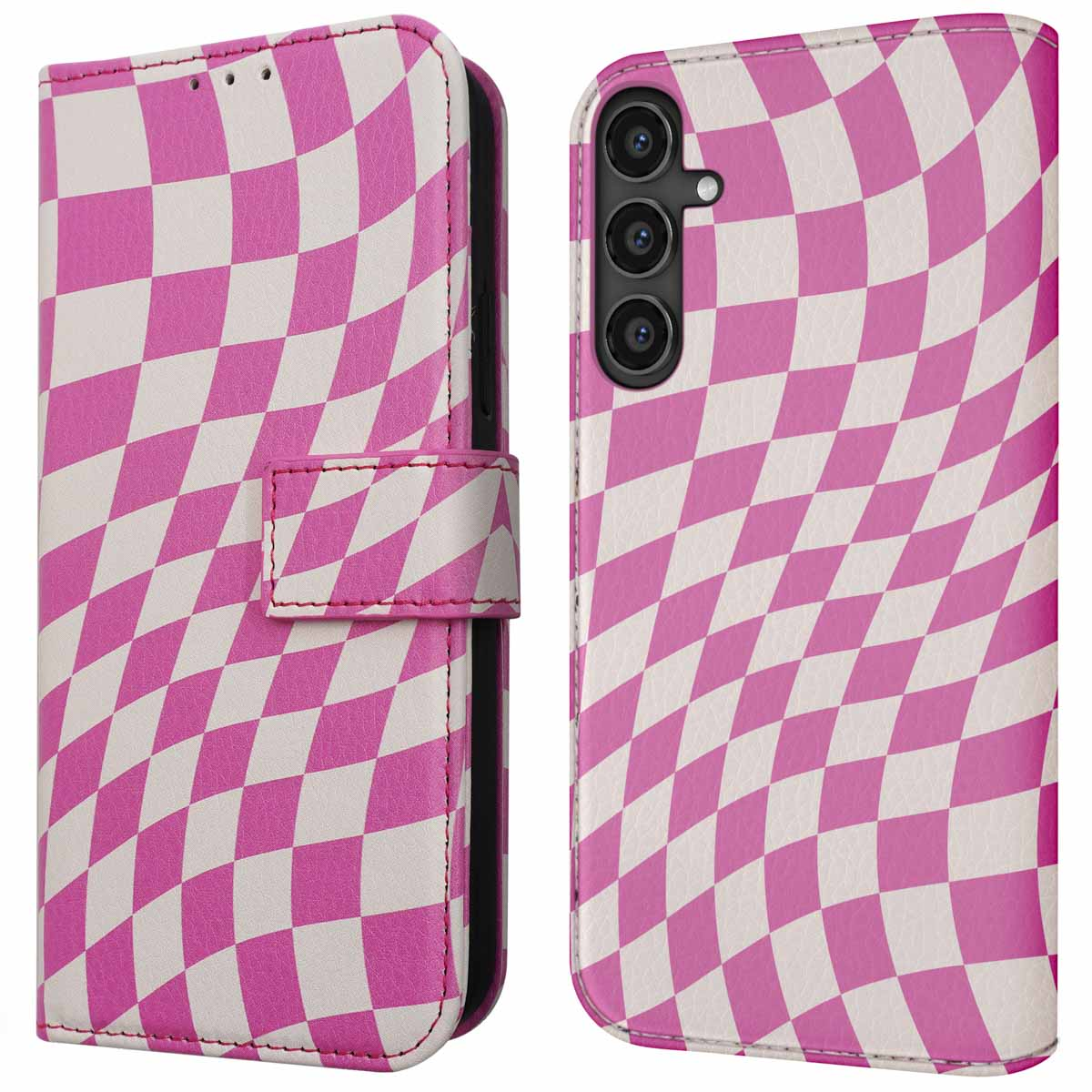 Roze en wit geruit telefoonhoesje, open. Telefooncamera zichtbaar. Hoesje gesloten.