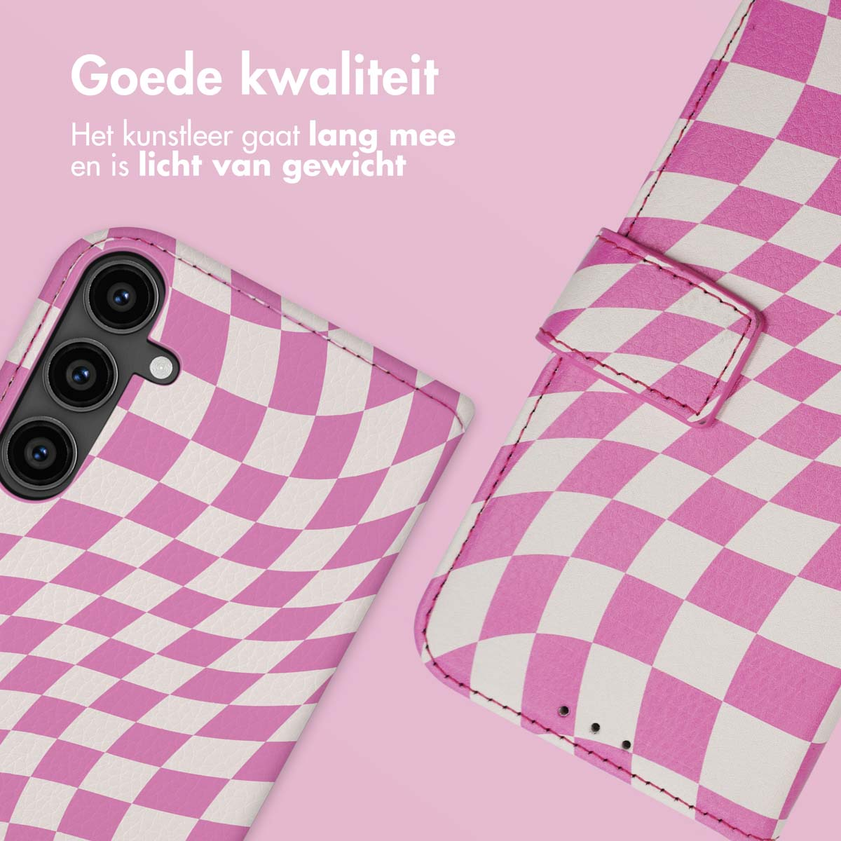 Roze en witte geblokte telefoonhoes open. De hoes is gemaakt van goede kwaliteit kunstleer.