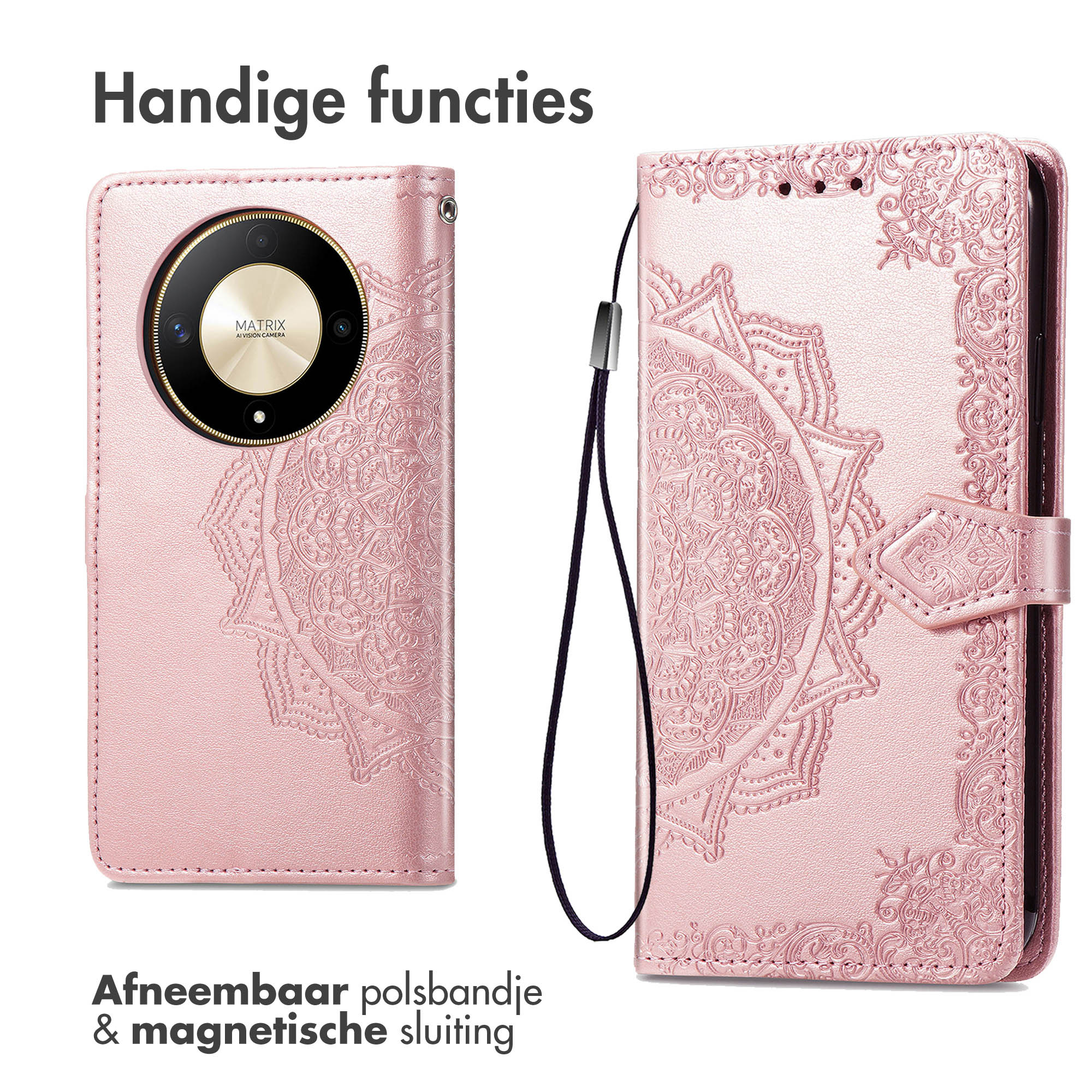 Roze telefoonhoes met een mandala-ontwerp, gesloten en geopend met een telefoon.