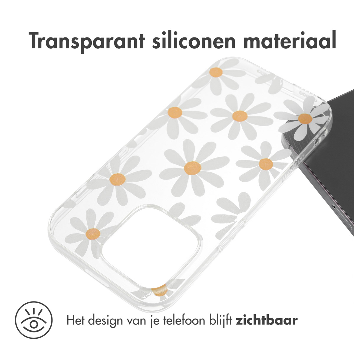 Custodia trasparente per telefono con fiori di margherita bianchi con centri arancioni. Testo: Materiale siliconico trasparente.