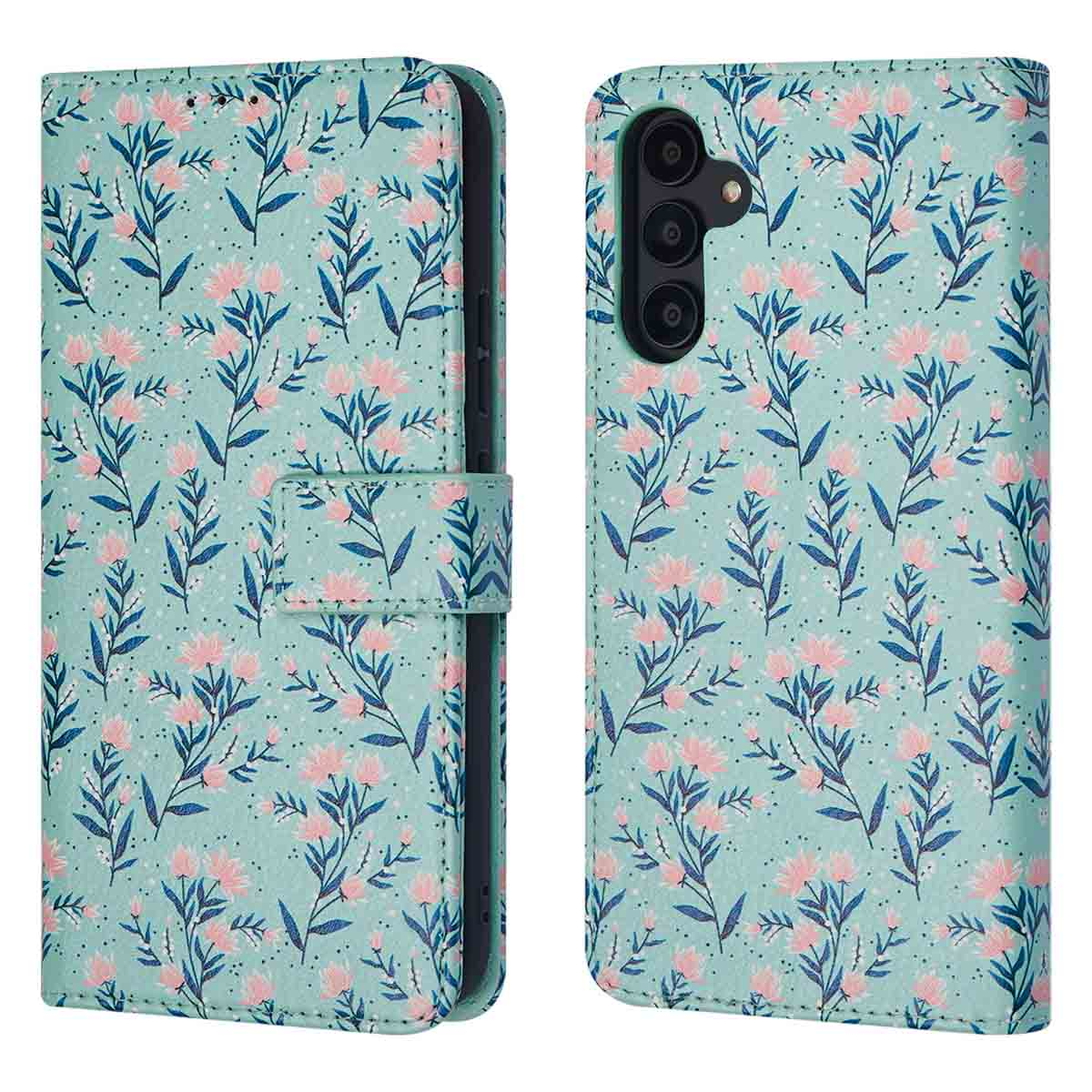 Telefoonhoesje met blauw bloemenpatroon. Het is open, met de telefoon erin zichtbaar.