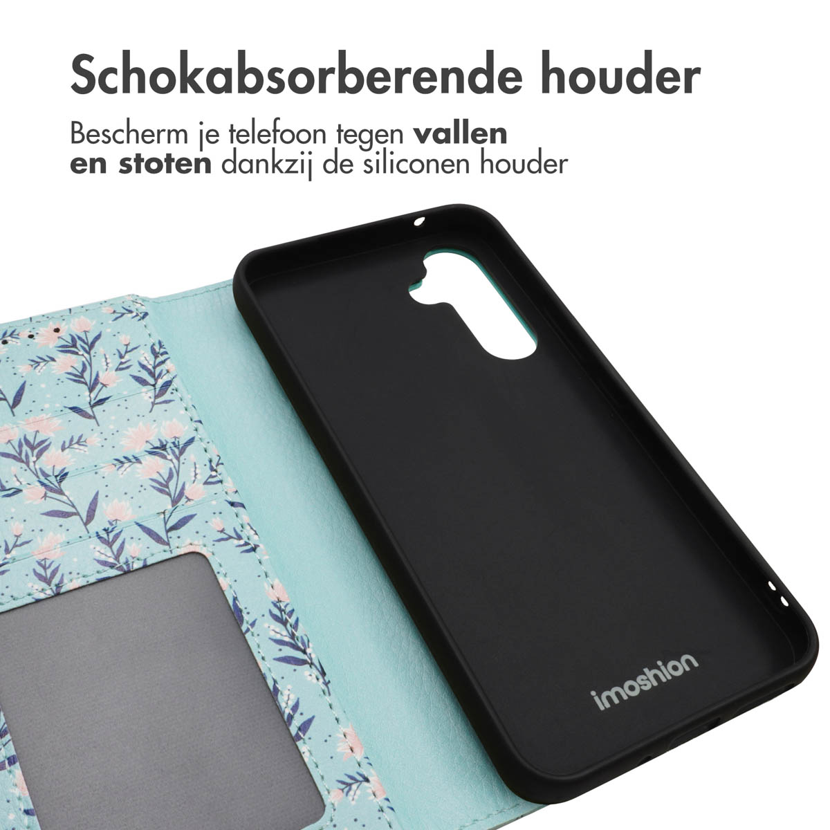 Zwarte telefoonhoes met bloemenpatroon en een telefoon erin.