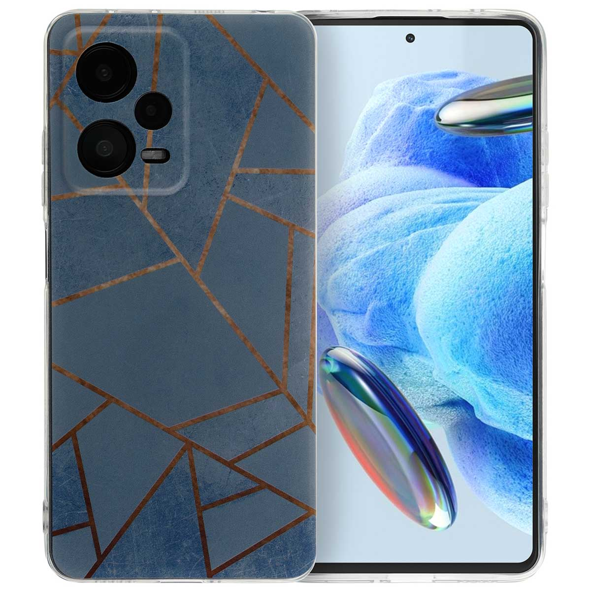 Telefoonhoesje: blauw met gouden lijnen. Telefoon rechts. Blauwe abstracte achtergrond.