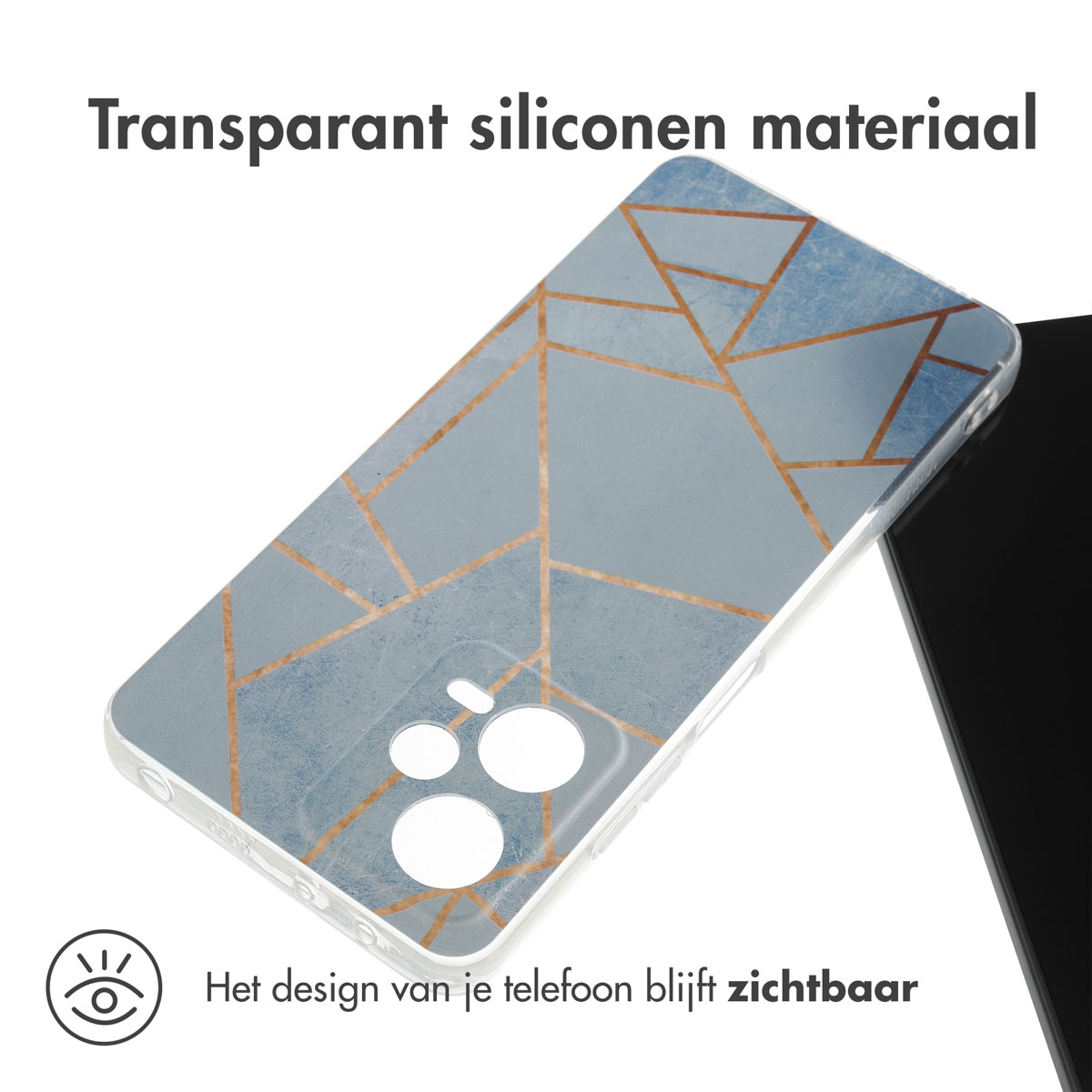 Telefoonhoesje met een geometrisch blauw en goud design. Het telefoondesign blijft zichtbaar.