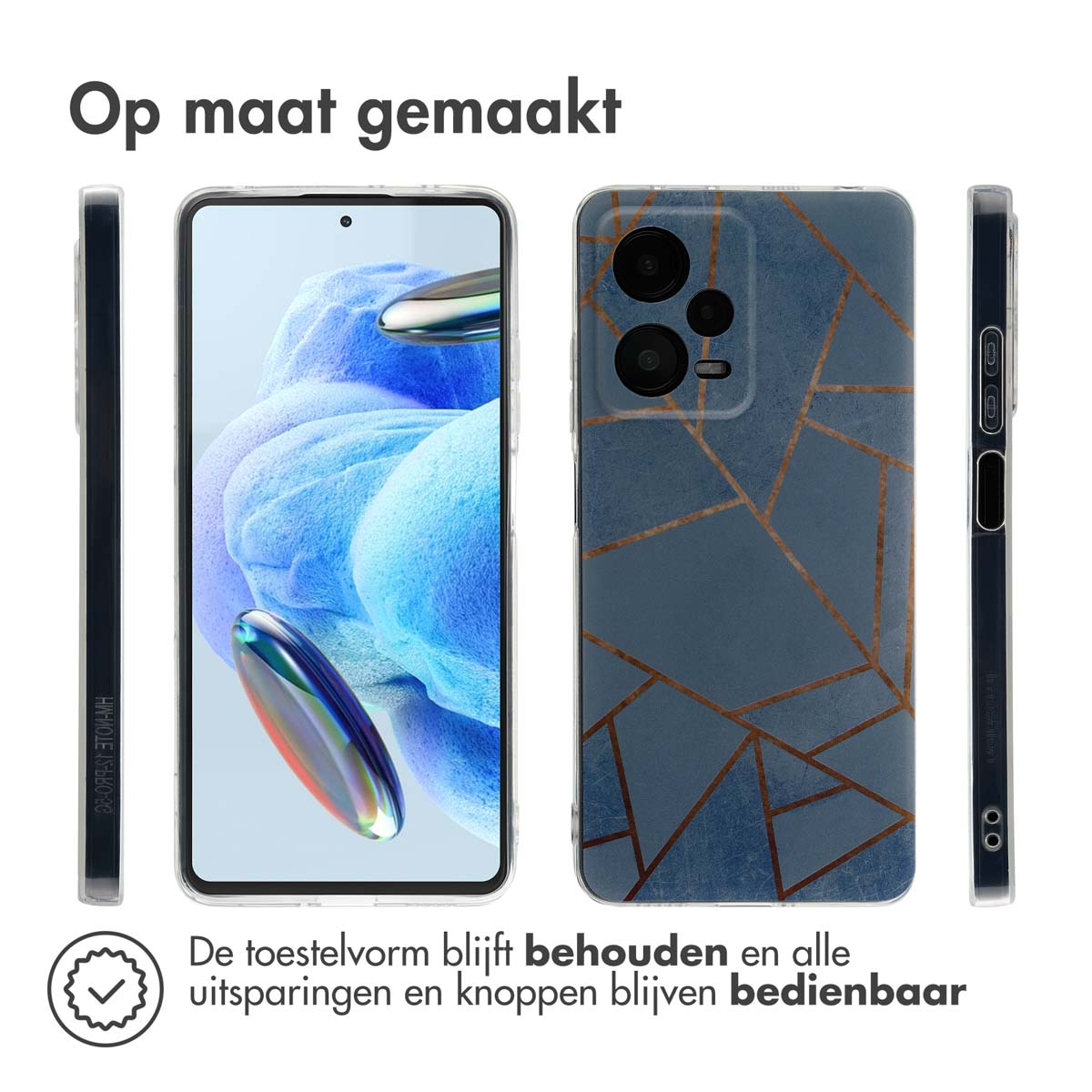 Telefoonhoesje met een geometrisch ontwerp in blauw en koper. De telefoon zit erin.
